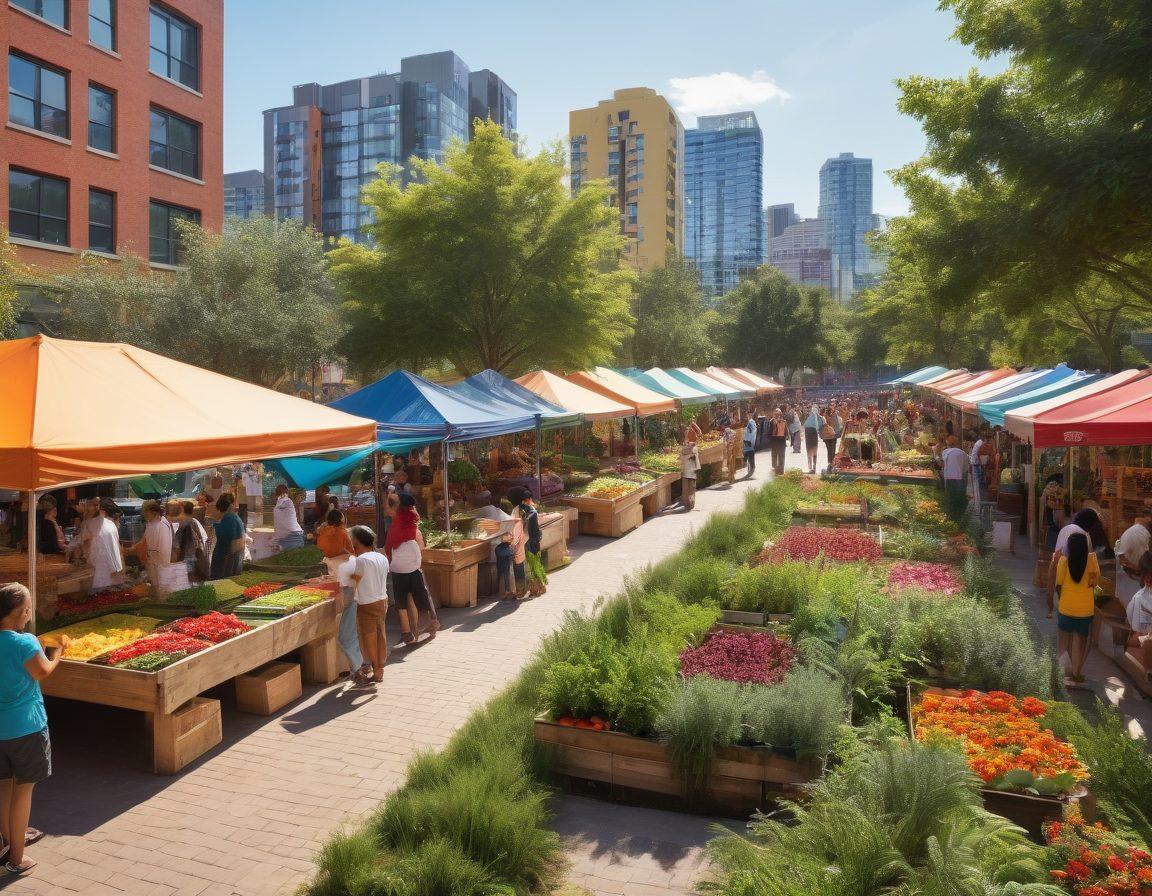 A diverse urban community scene, showcasing people of various backgrounds engaging in communal activities, surrounded by affordable housing units adorned with greenery. Include a lively park area with children playing, outdoor markets, and public art to reflect vibrant community life. The skyline should have a blend of modern and affordable apartment buildings. super-realistic. vibrant colors. 3D.