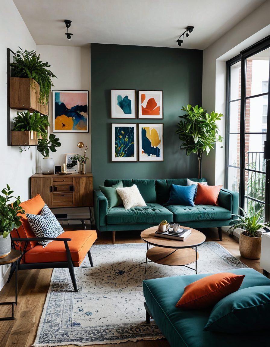 An inviting and stylish urban apartment interior featuring a blend of modern and cozy decor. Showcase a well-organized living space with greenery, art pieces, and functional furniture. Include natural light streaming through large windows, and a pop of color from decorative cushions and wall art. Highlighting an open layout that inspires creativity and comfort. super-realistic. vibrant colors. modern aesthetic.